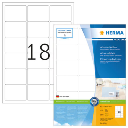Premium Address Labels A4, 63.5 x 46.6mm, White, Permanent Adhesion