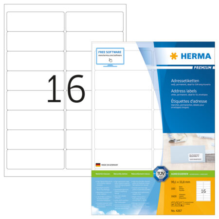 Premium Address Labels A4, 99.1 x 33.8mm, White, Permanent Adhesion