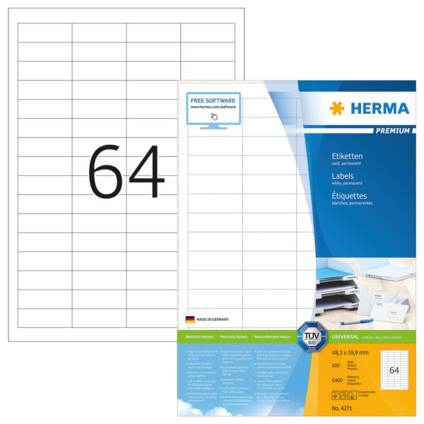 Premium Labels A4, 48.3 x 16.9mm, White, Permanent Adhesion
