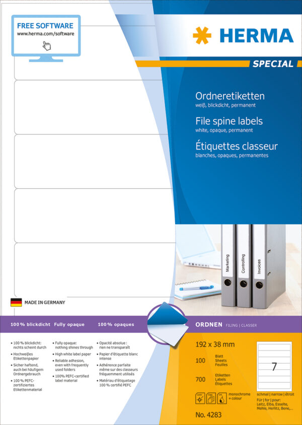 File Labels A4, 192 x 38mm, White, Opaque, for Narrow Files (Short) - Image 2