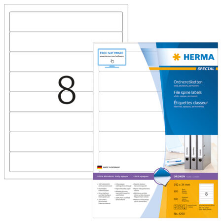 File Labels A4, 192 x 34mm, White, Opaque, for Narrow Files (Short)