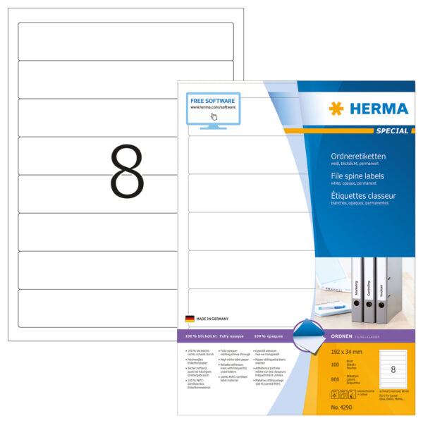 File Labels A4, 192 x 34mm, White, Opaque, for Narrow Files (Short)