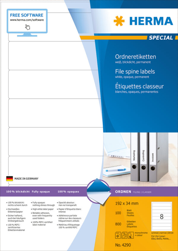 File Labels A4, 192 x 34mm, White, Opaque, for Narrow Files (Short) - Image 2