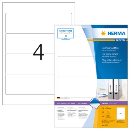 File Labels A4, 192 x 59mm, White, Opaque, for Wide Files (Short)