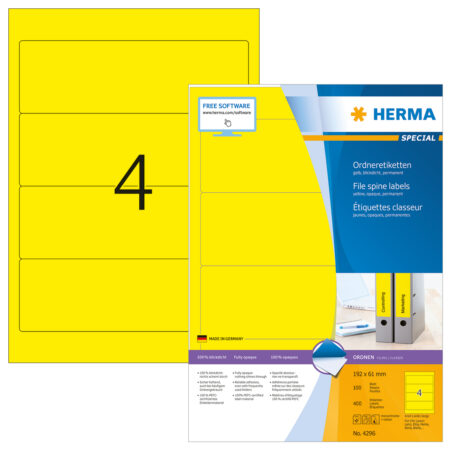 File Labels A4, 192 x 61mm, Yellow, Opaque, for Wide Files (Short)