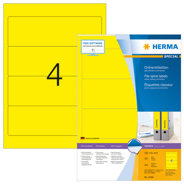 File Labels A4, 192 x 61mm, Yellow, Opaque, for Wide Files (Short)