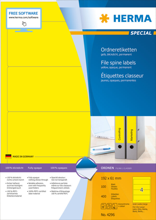 File Labels A4, 192 x 61mm, Yellow, Opaque, for Wide Files (Short) - Image 2