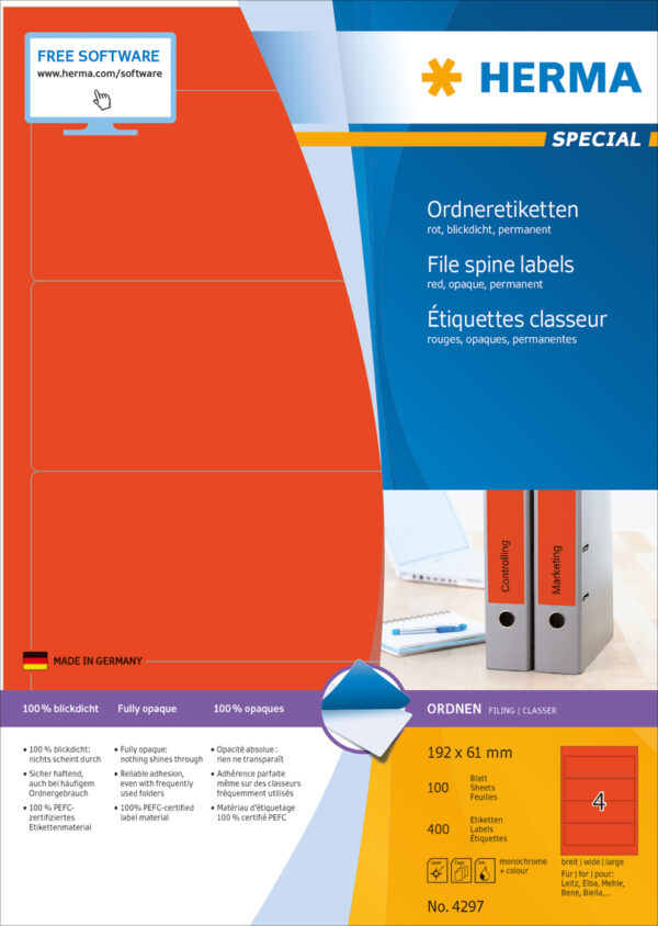 File Labels A4, 192 x 61mm, Red, Opaque, for Wide Files (Short) - Image 2