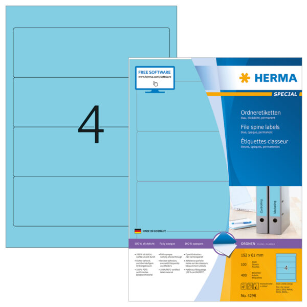 File Labels A4, 192 x 61mm, Blue, Opaque, for Wide Files (Short)