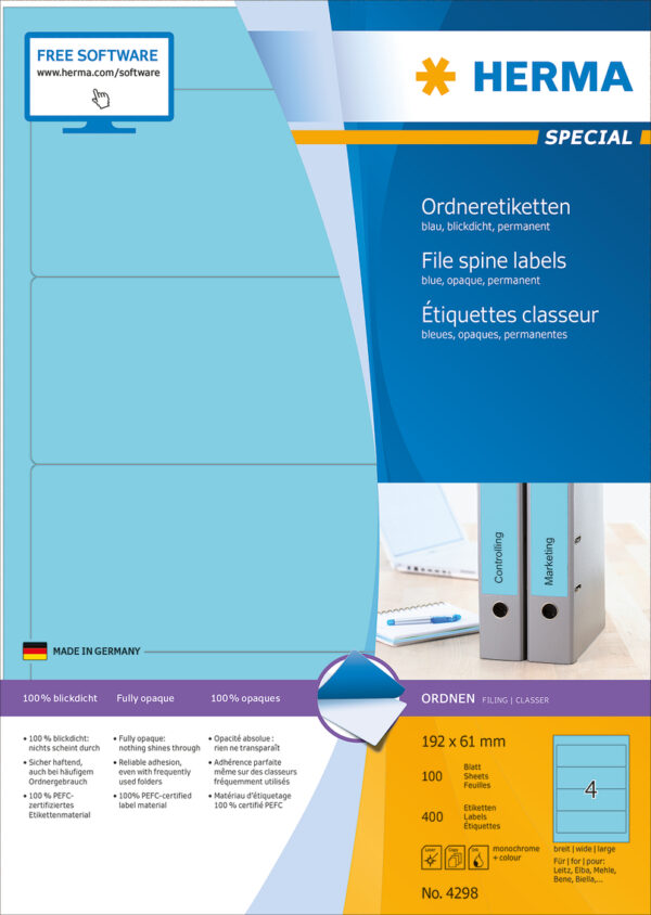 File Labels A4, 192 x 61mm, Blue, Opaque, for Wide Files (Short) - Image 2