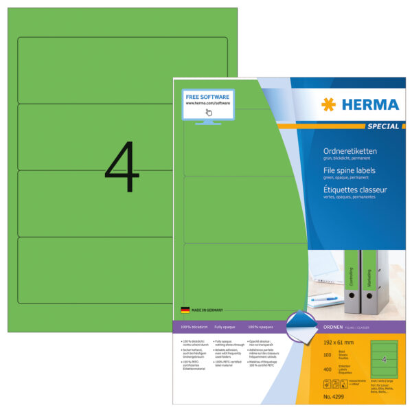 File Labels A4, 192 x 61mm, Green, Opaque, for Wide Files (Short)