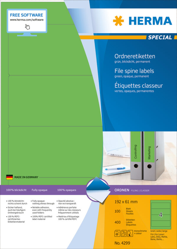 File Labels A4, 192 x 61mm, Green, Opaque, for Wide Files (Short) - Image 2