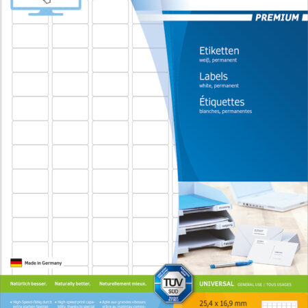 Premium Labels A4, 25.4 x 16.9mm, White, Permanent Adhesion
