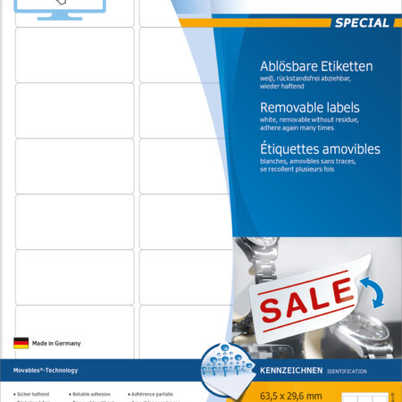 Removable Labels A4, 63.5 x 29.6mm, White, Movables Technology