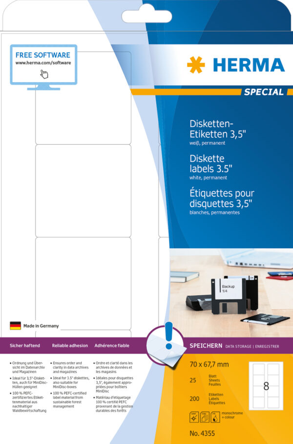 DiSK Labels 3.5 Inch A4, 70 x 67.7mm, White, Permanent Adhesion