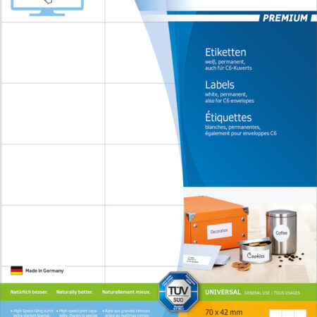 Premium Labels A4, 70 x 42mm, White, Permanent Adhesion