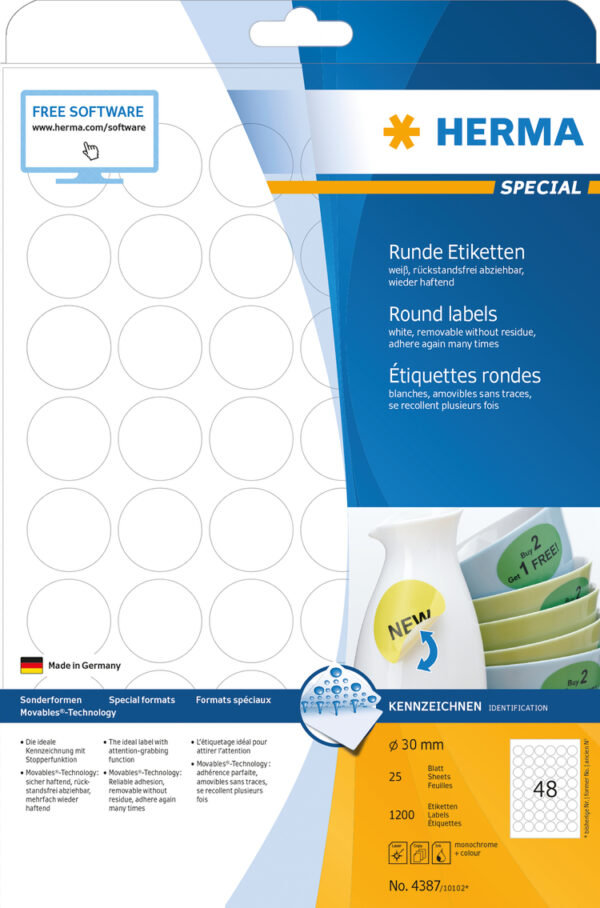 Removable Labels A4, 30mm, White, Movables Technology