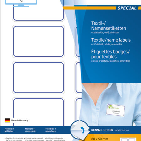 Name Labels, Removable A4, 80.0 x 50.0mm, White/Blue Frame made of Acetate Silk, Printable