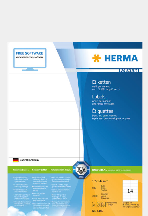Premium Labels A4, 105 x 42mm, White, Permanent Adhesion