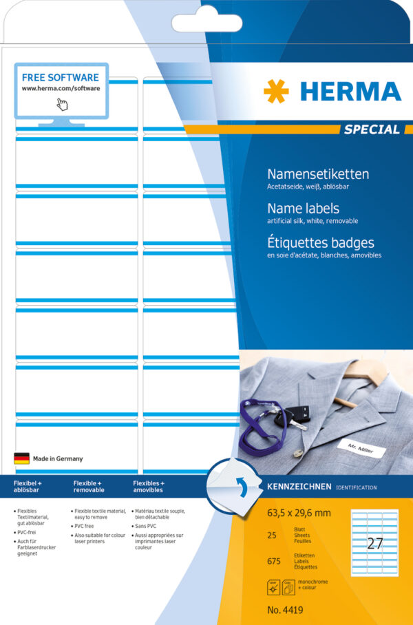 Name Labels, Removable A4, 63.5 x 29.6mm, White/Blue Stripes made of Acetate Silk, Printable - Image 2