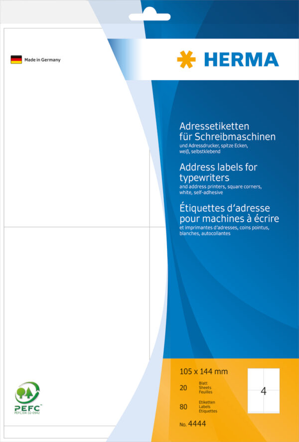 Address Labels for Typewriters, A4, 105 x 144mm, Permanent Adhesion