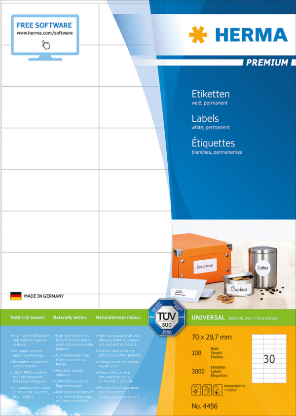 Premium Labels A4, 70 x 29.7mm, White, Permanent Adhesion - Image 2
