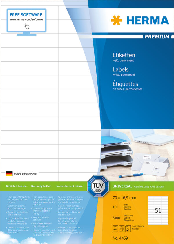 Premium Labels A4, 70 x 16.9mm, White, Permanent Adhesion - Image 2
