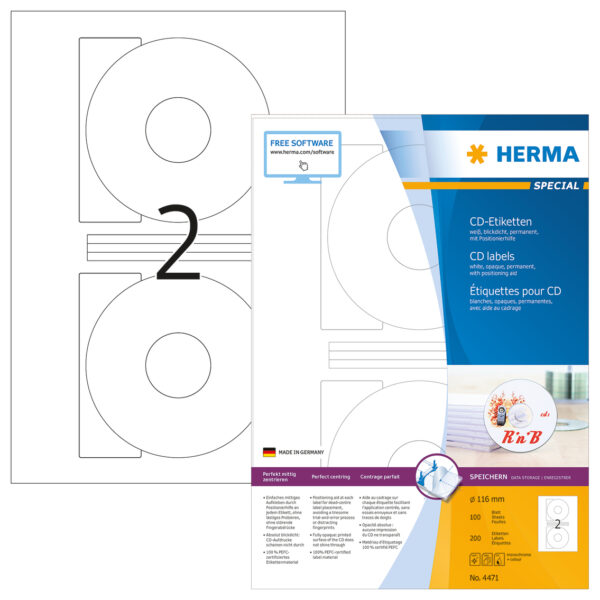 CD Labels A4, 116mm, White Opaque, Permanent Adhesion
