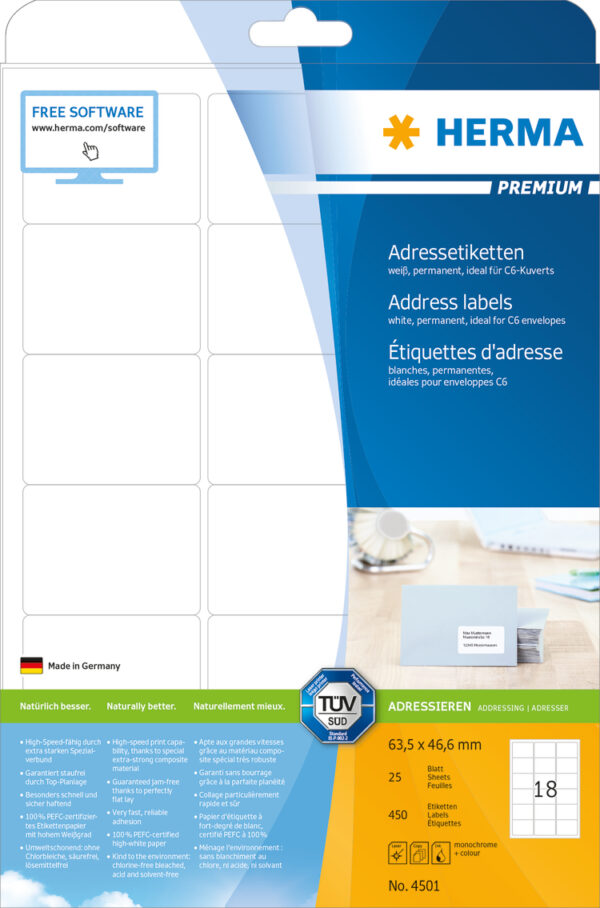 Premium Address Labels A4, 63.5 x 46.6mm, White, Permanent Adhesion