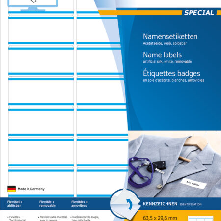 Name Labels, Removable A4, 63.5 x 29.6mm, White/Blue Stripes made of Acetate Silk, Printable