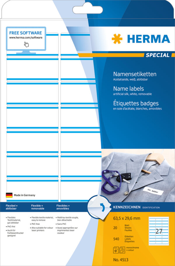 Name Labels, Removable A4, 63.5 x 29.6mm, White/Blue Stripes made of Acetate Silk, Printable