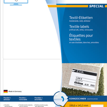 Textile Labels, Removable A4, 199.6 x 143.5mm, White made of Acetate Silk, Printable