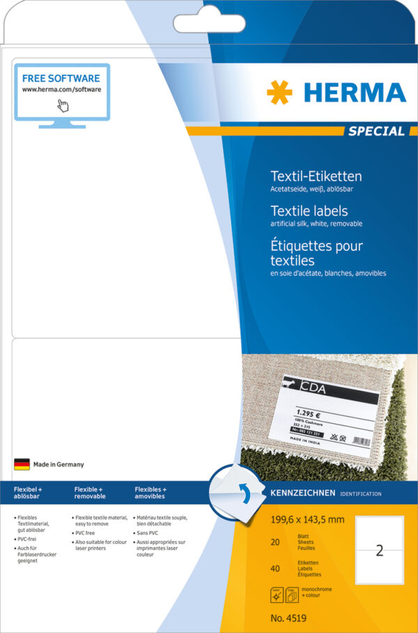 Textile Labels, Removable A4, 199.6 x 143.5mm, White made of Acetate Silk, Printable