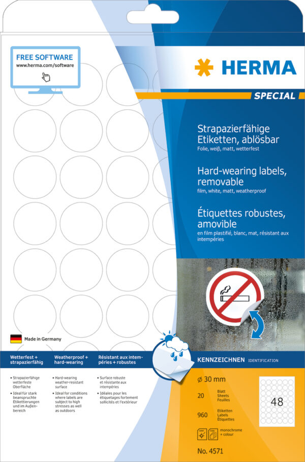 Weatherproof Film Labels A4, 30mm, White, Extremely Strong Adhesion, Removable