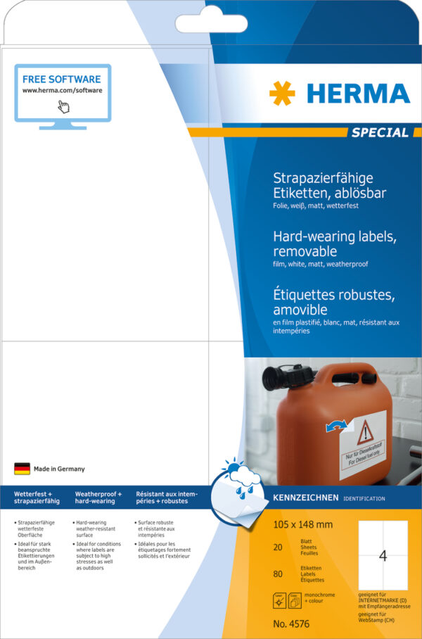 Weatherproof Film Labels A4, 105.0 x 148.0mm, White, Extremely Strong Adhesion, Removable