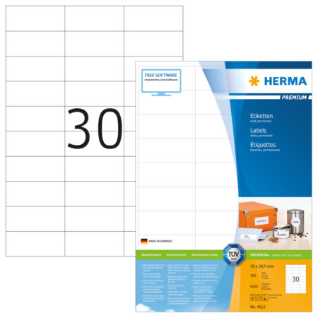 Premium Labels A4, 70 x 29.7mm, White, Permanent Adhesion