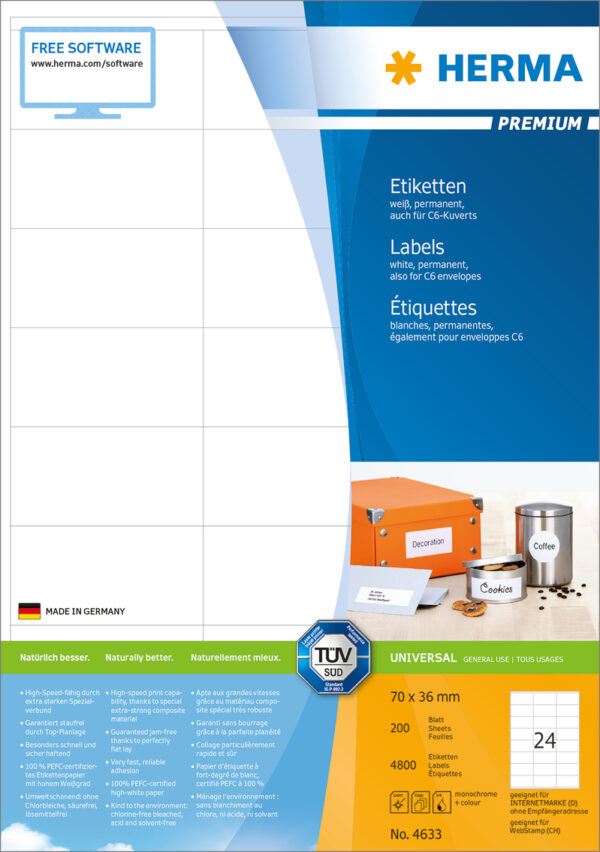 Premium Labels A4, 70 x 36mm, White, Permanent Adhesion - Image 2