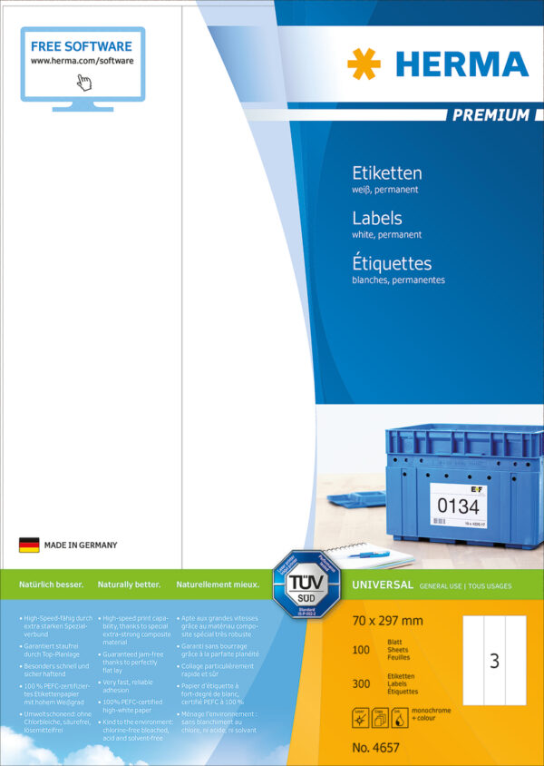 Premium Labels A4, 70 x 297mm, White, Permanent Adhesion - Image 2