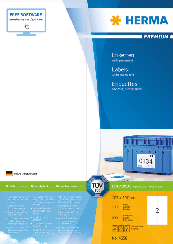 Premium Labels A4, 105 x 297mm, White, Permanent Adhesion - Image 2