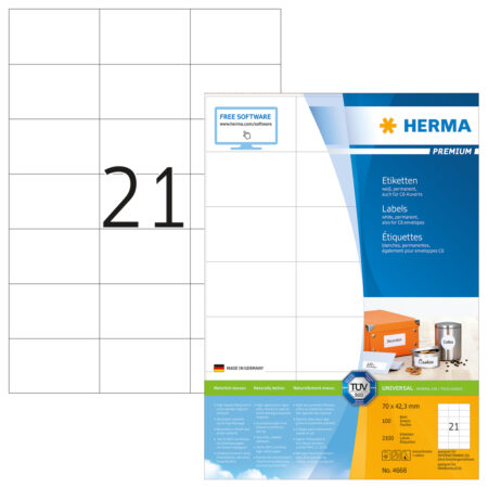 Premium Labels A4, 70 x 42.3mm, White, Permanent Adhesion