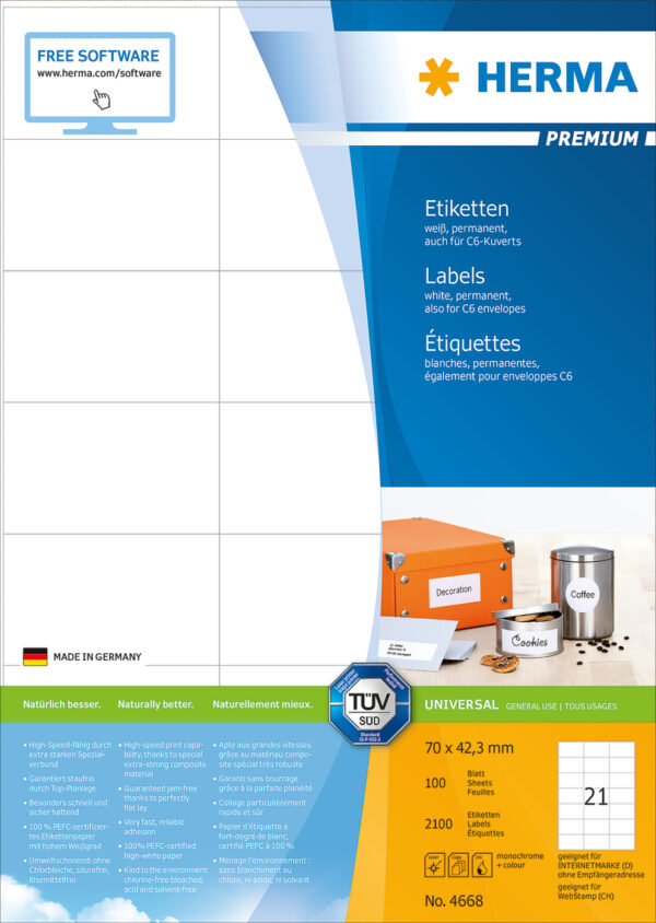 Premium Labels A4, 70 x 42.3mm, White, Permanent Adhesion - Image 2