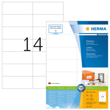 Premium Labels A4, 105 x 42.3mm, White, Permanent Adhesion