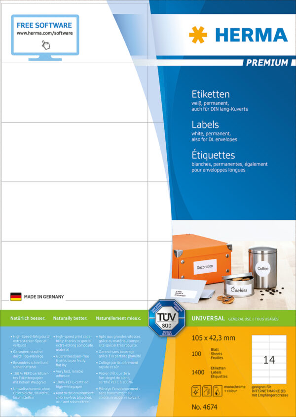 Premium Labels A4, 105 x 42.3mm, White, Permanent Adhesion - Image 2
