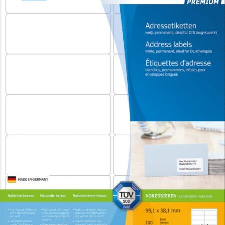 Premium Address Labels A4, 99.1 x 38.1mm, White, Permanent Adhesion
