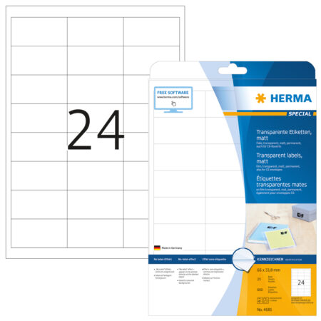 Transparent Film Labels, Matt A4, 66 x 33.8mm, Weatherproof, Permanent Adhesion