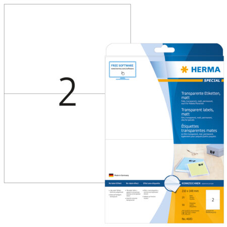 Transparent Film Labels, Matt A4, 210 x 148mm, Weatherproof, Permanent Adhesion