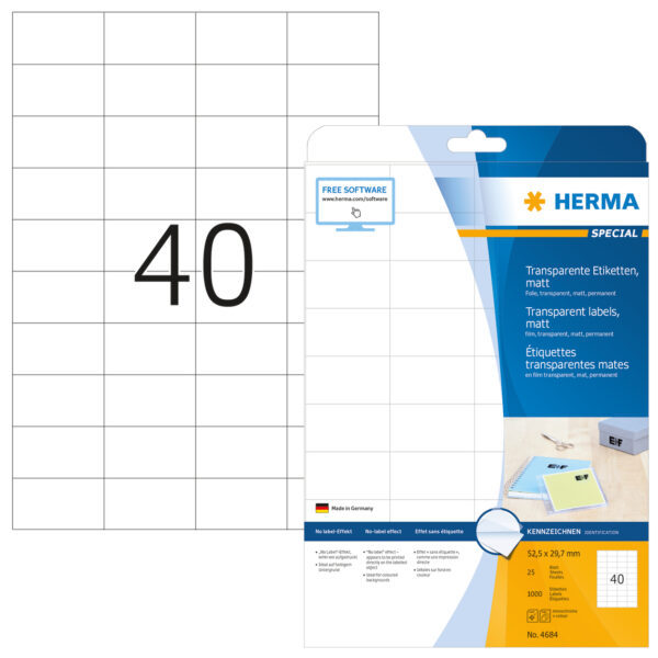 Transparent Film Labels, Matt A4, 52.5 x 29.7mm, Weatherproof, Permanent Adhesion