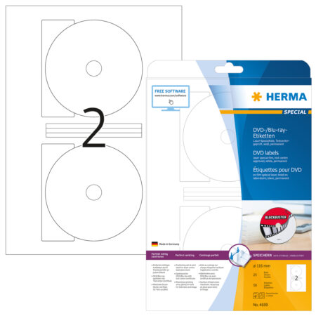 DVD/Blu-Ray Labels A4, 116mm, White, Test Centre Approved
