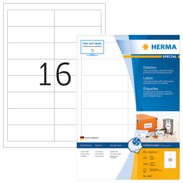 Inkjet Labels A4, 97 x 33.8mm, White, Permanent Adhesion