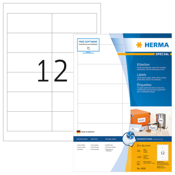 Inkjet Labels A4, 97 x 42.3mm, White, Permanent Adhesion